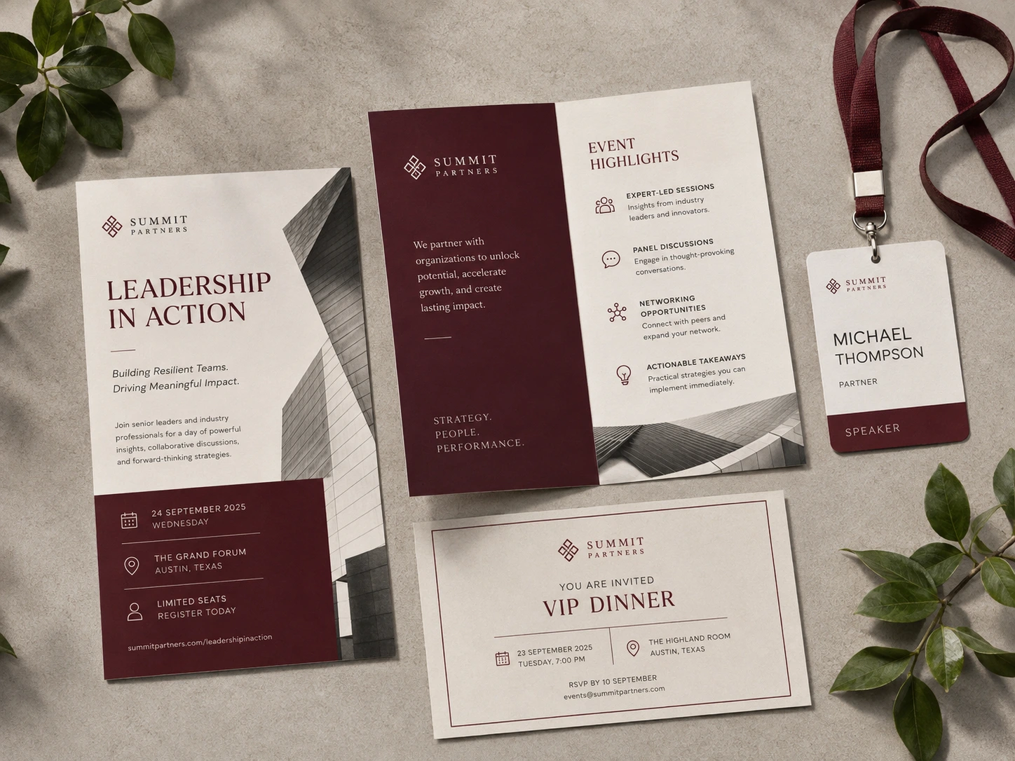 A coordinated set of branded event communication materials displayed in Stephanie’s portfolio